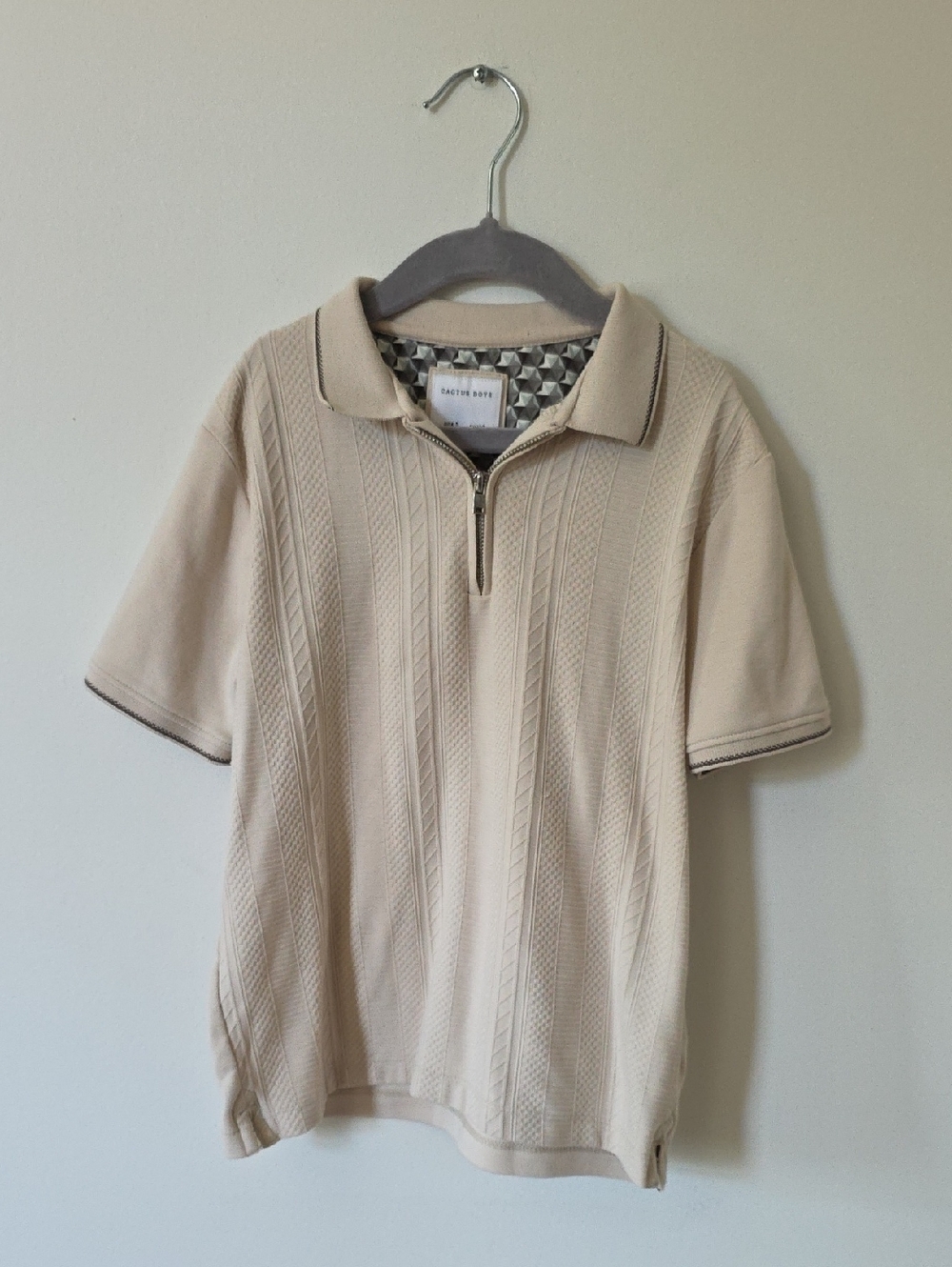 Beige Short-Sleeve Zip Polo Shirt, Size 7